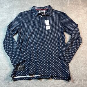 ZIMEGO Shirt Men's Large Blue Dotted‎ Navy Long Sleeve Polo Casual Modern Fit